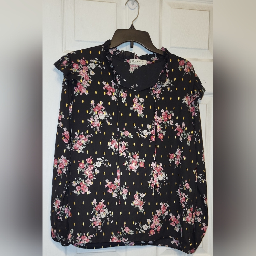 Floral Black And Gold Blouse by Jon & Anna Long Sleeve Medium